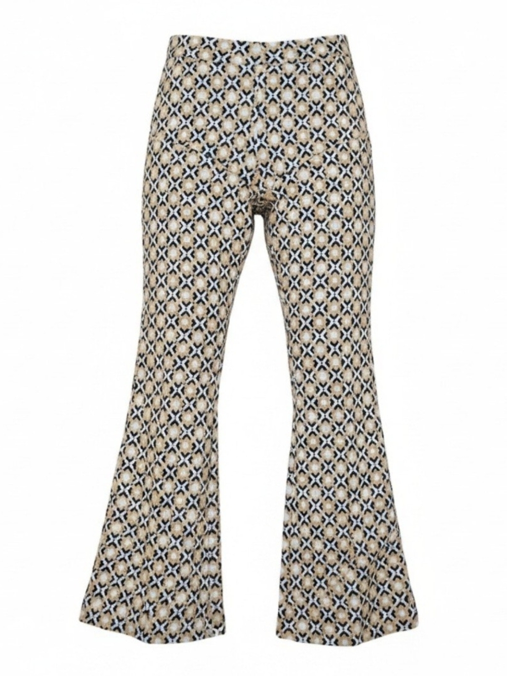 Maeve Geometric Print Boot-Cut Pants in Black, White & Tan